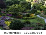 Beautiful summer view of Sunken Garden at Butchart Gardens on Vancouver Island, British Columbia, Canada, in horizontal format