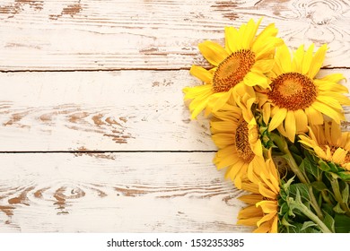 Beautiful Sunflowers On White Wooden Background Stock Photo 1532353385 ...