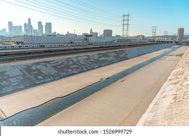 Beautiful sunny day at LA river. Concrete river. Cinematic place. Los Angeles downtown. 