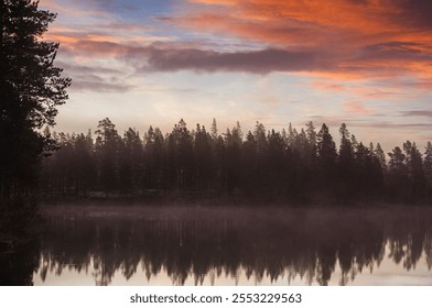 A beautiful sunrise casts vibrant colors across the sky, illuminating a misty lake. Silhouettes of trees line the shore, reflecting peacefully in the still water. - Powered by Shutterstock