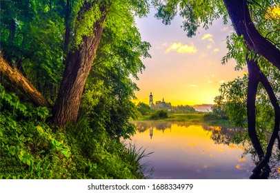 Beautiful sunrise on calm lake in forest nature landscape - Shutterstock ID 1688334979