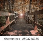 Beautiful sunrise on the hiking path in the forest in autumn.