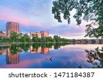 Beautiful sunrise over Connecticut River at Hartford Connecticut. Photo shows the skyline of Hartford and Bulkeley Bridge, which  is the oldest  highway bridges over the Connecticut River in Hartford.