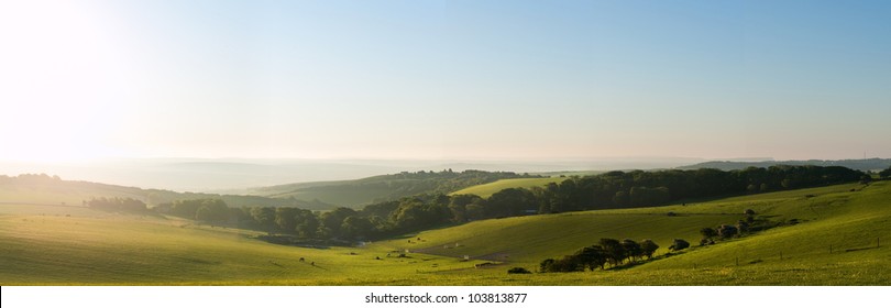 Beautiful Sunrise Over English Countryside Landscape In Summer