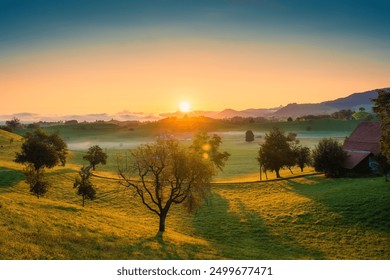 Beautiful sunrise over grass slope hill with foggy in rustic farm village during summer at Hirzel, Switzerland - Powered by Shutterstock