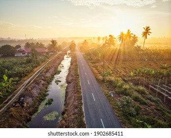 Beautiful sunrise over the paddy field village in countryside malaysia. Noise slightly visible due to long exposure shot - Shutterstock ID 1902685411