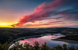 Beautiful Sunrise Over The River In The Valley. River Valley At Dawn. Sunrise Over River Valley. River Valley At Dawn Landscape