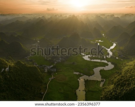 Beautiful sunrise at Phong Nam mountain in Cao Bang, Northern Vietnam.