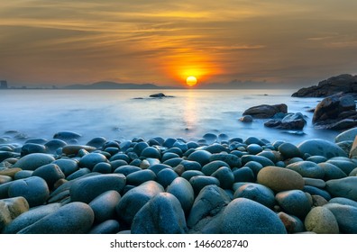 Beautiful Sunrise at rock like eggs beach in Quy Nhon bay, Vietnam