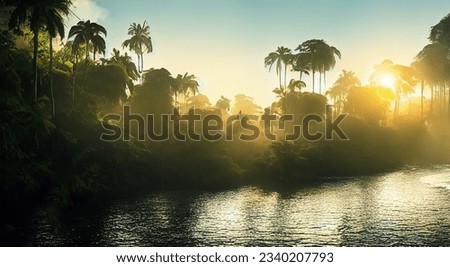 beautiful sunrise seen from the amazon river with haze