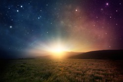 Beautiful sunrise with stars and galaxy in night sky., a Nature Photo by Amanda Carden