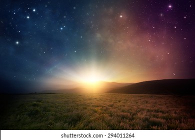 Beautiful Sunrise With Stars And Galaxy In Night Sky.