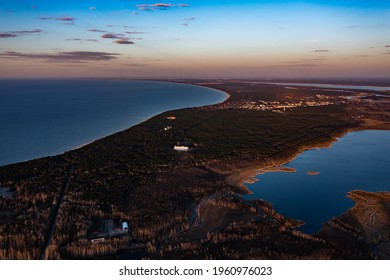 Beautiful Sunrise Sunset over Calm Lake. Aerial view of lake