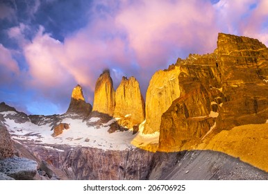 Beautiful Sunrise In Torres Del Paine National Park, Patagonia, Chile