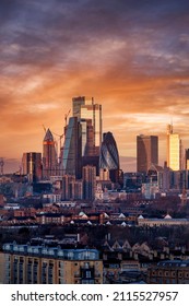 Beautiful Sunrise View Of The City Of London With Sunlight Reflecting In The Glas Facade Of The Modern Skyscrapers