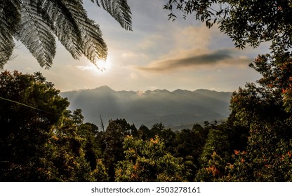 Beautiful sunrise view in forest with mountain - Powered by Shutterstock