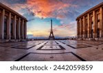 Beautiful sunrise view from Trocadero of the Eiffel Tower of Paris France with soft morning light and without people