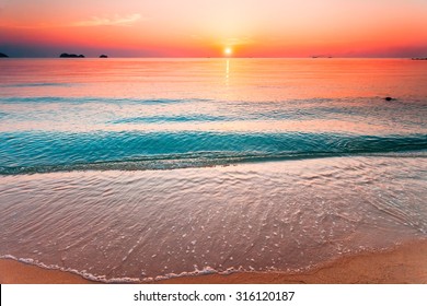 Beautiful Sunset Above The Sea, View From The Beach