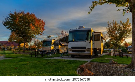 Beautiful Sunset In Autumn At The Rv Campsite With Clouds And Blue Skies