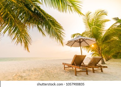 Beautiful Sunset Beach Scene Chairs On Stock Photo 1057900835 ...