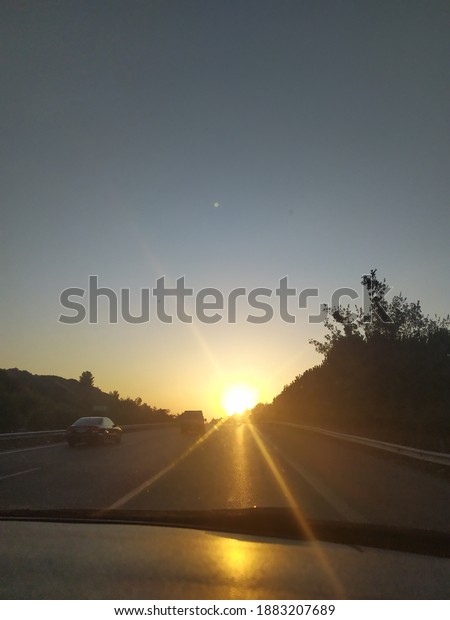 Beautiful sunset from a car\
