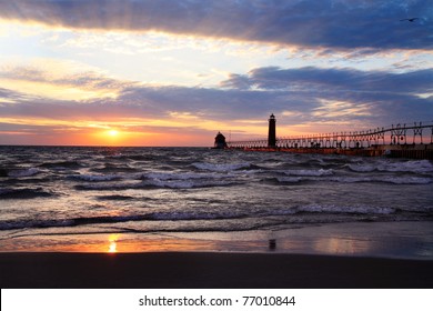 A Beautiful Sunset At The Grand Haven South Pierhead Lighthouse, Michigan, USA
