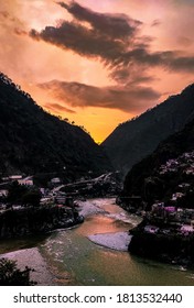 A Beautiful Sunset In Karanprayag, A Small Town In A District Chamoli Of Uttarakhand. The River Flowing Here Is Known As Alaknanda Which Becomes Ganga After Meeting With A River Known As Bhagirathi. 