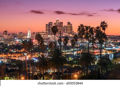 Beautiful sunset of Los Angeles downtown skyline and palm trees in foreground - Shutterstock ID 605053844