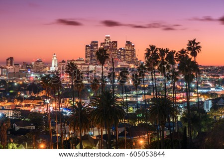 Beautiful sunset of Los Angeles downtown skyline and palm trees in foreground