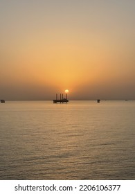 Beautiful Sunset At Offshore Oil Field In Persian Gulf 