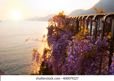 Beautiful Sunset On Amalfi Coast, Italy Seen From Balcony