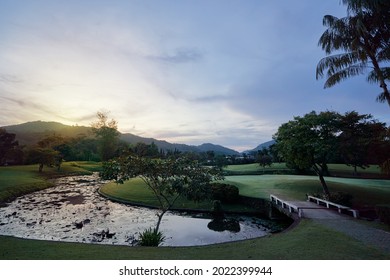 Beautiful sunset on curvy pond in a huge park full of plantlife.