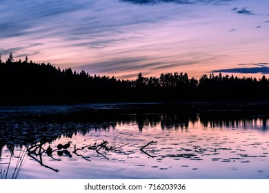 Beautiful Sunset On The Lake In Midnight Sun, Sweden