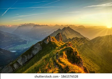 
Beautiful sunset on the mountain. Peak Speer with a fantastic view of the swiss alps. Beautiful evening mood.