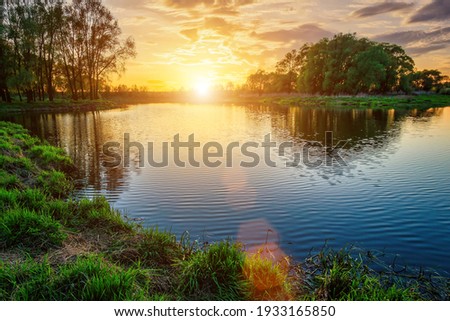Beautiful sunset on the river with cloudy skies and willows growing along the shore in spring or early summer.