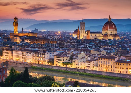 Beautiful sunset over Cathedral of Santa Maria del Fiore (Duomo), Florence, Italy