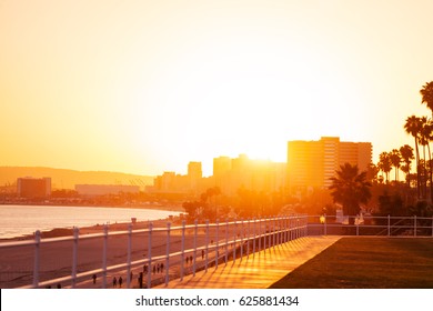 Beautiful Sunset Over City Skyline Of Long Beach