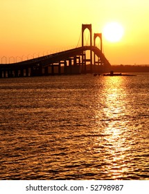 Beautiful sunset over Claiborne Pell Bridge in Newport, Rhode Island