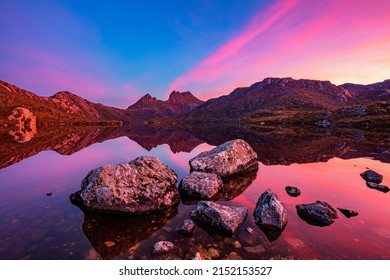 Beautiful sunset  over Dove Lake  and Cradle Mountain. Cradle Mountain Lake St Clair National Park. Central Highlands of Tasmania, Australia.