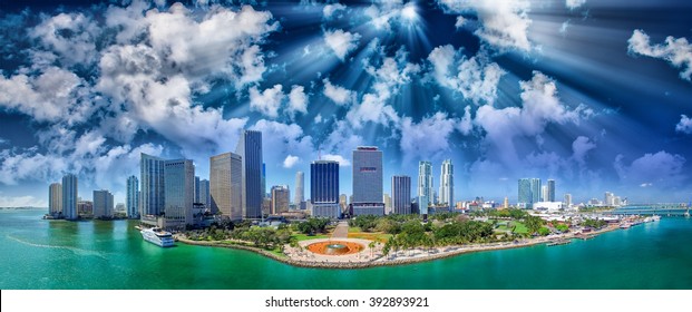 Beautiful Sunset Over Downtown Miami, Aerial View.