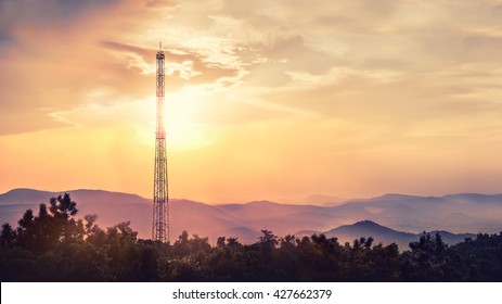 Beautiful Sunset Over The Hills With A Cell Tower