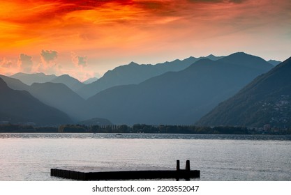 Beautiful Sunset Over Lake Maggiore, Switzerland. 