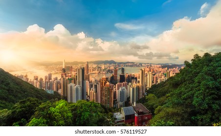 Beautiful sunset over the Victoria bay in Hong Kong, China