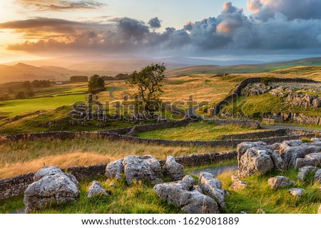 A beautiful sunset over the Yorkshire Dales National Park at the Winskill Stones near Settle
