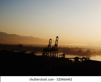 Beautiful Sunset Of Port Of Santos, Brazil.