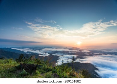 A Beautiful Sunset Scene, Mountain With Sea Of Mist At Pha Tang, Chiangrai, Thailand