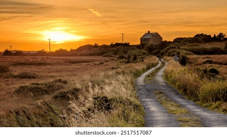 Beautiful sunset scenery with country house on the hillside at county Galway, Ireland, rural area, nature background - Powered by Shutterstock