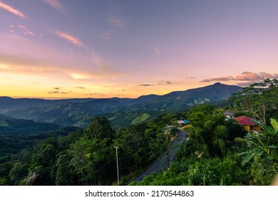 Beautiful sunset scenic with light shade into the mountain which locates in rural countryside at Doi Sakad, Pua, Nan, Thailand - Shutterstock ID 2170544863