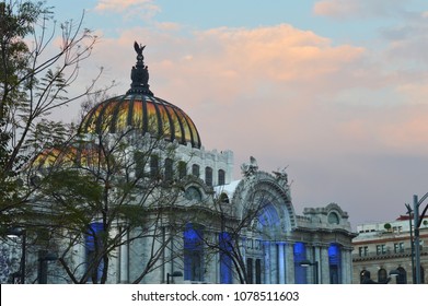 Beautiful Sunset Sky with Bellas Artes Palace in Mexico City 
