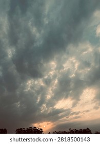  Beautiful sunset sky with dramatic clouds over tree silhouetted forest